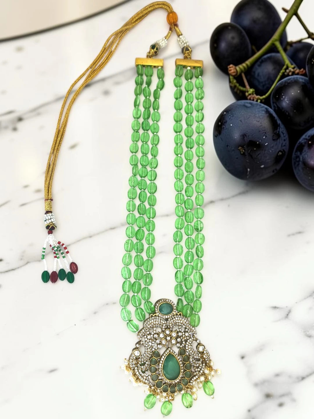 Gold Plated Mint Green Victorian Long Necklace Set
