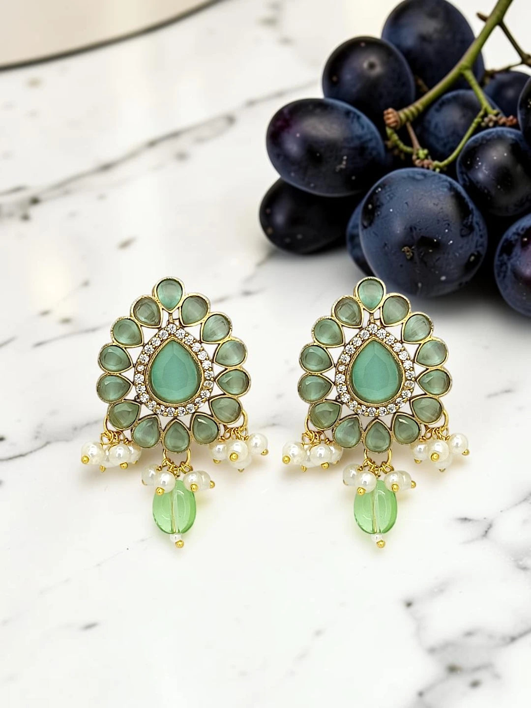 Gold Plated Mint Green Victorian Long Necklace Set