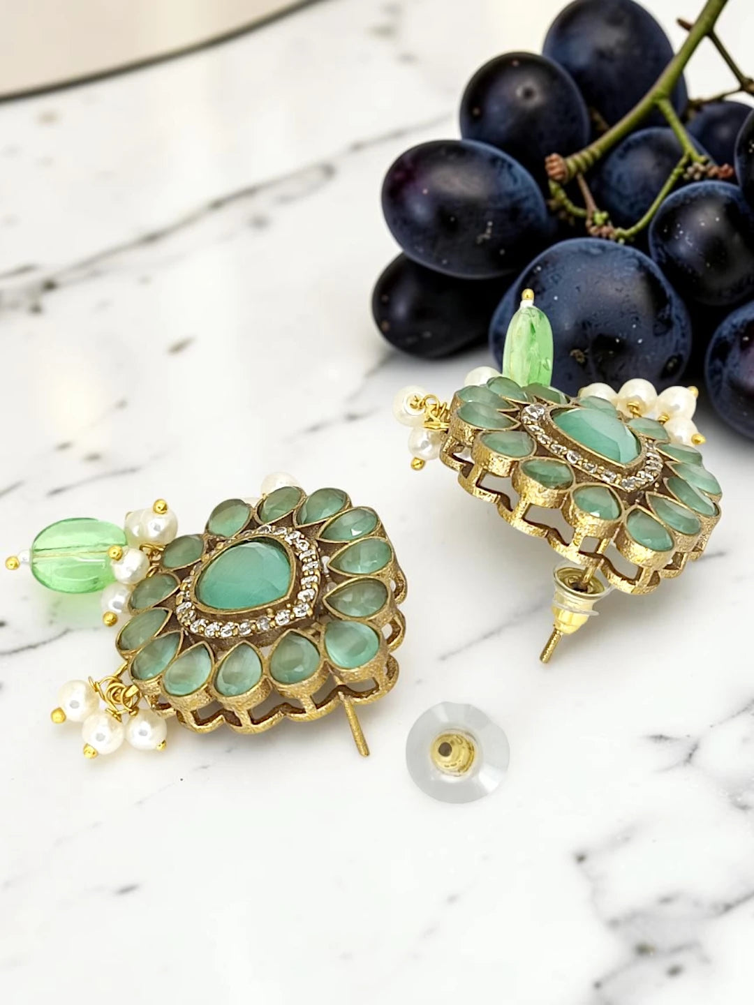 Gold Plated Mint Green Victorian Long Necklace Set