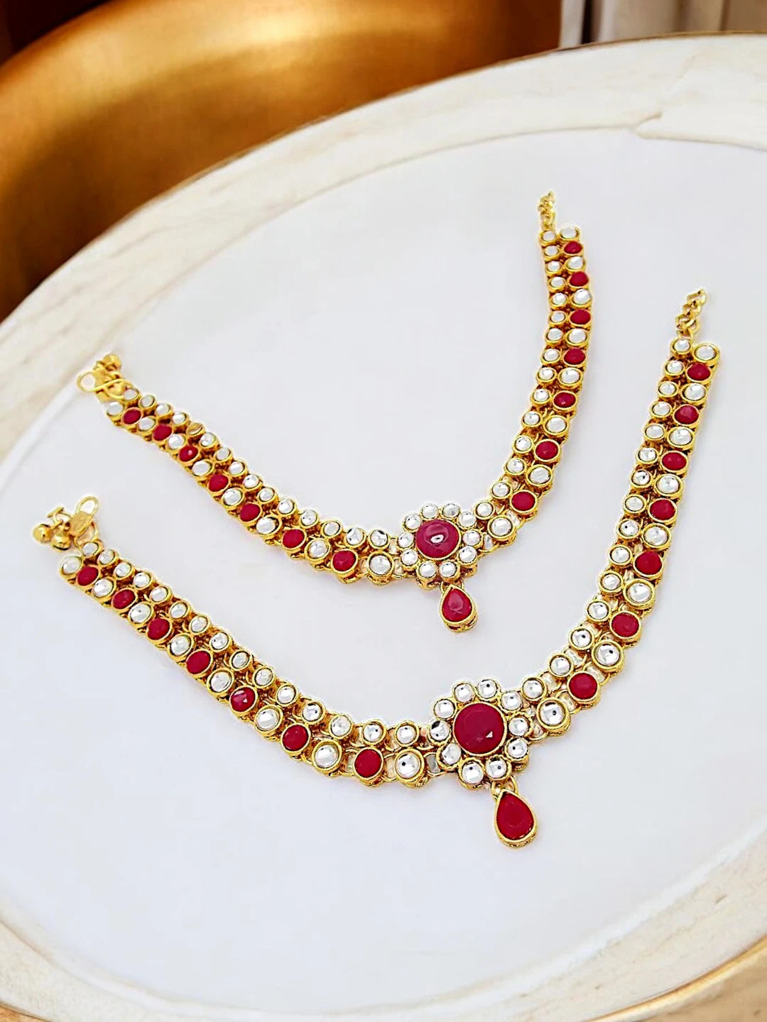 Red Stone Kundan Anklet