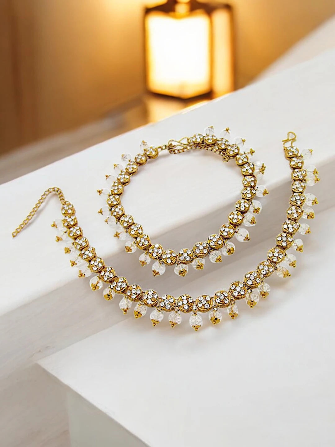 CZ Stone & White Bead Anklet