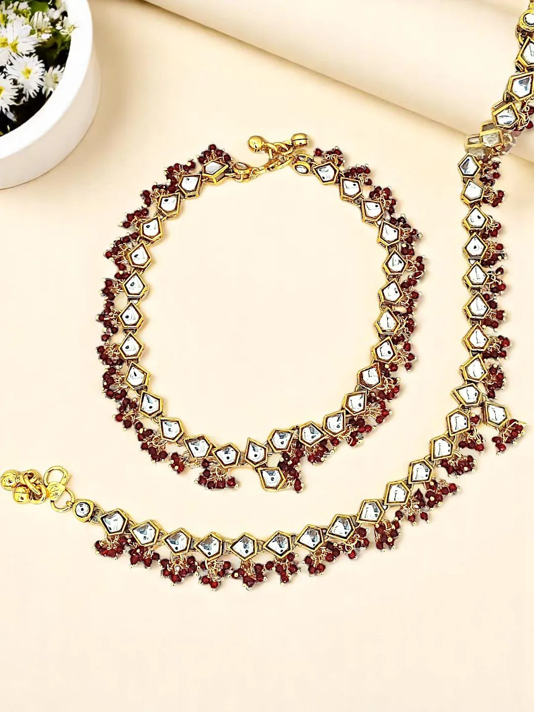 Set Of 2 Gold-Plated Kundan & Artificial Beaded Anklets