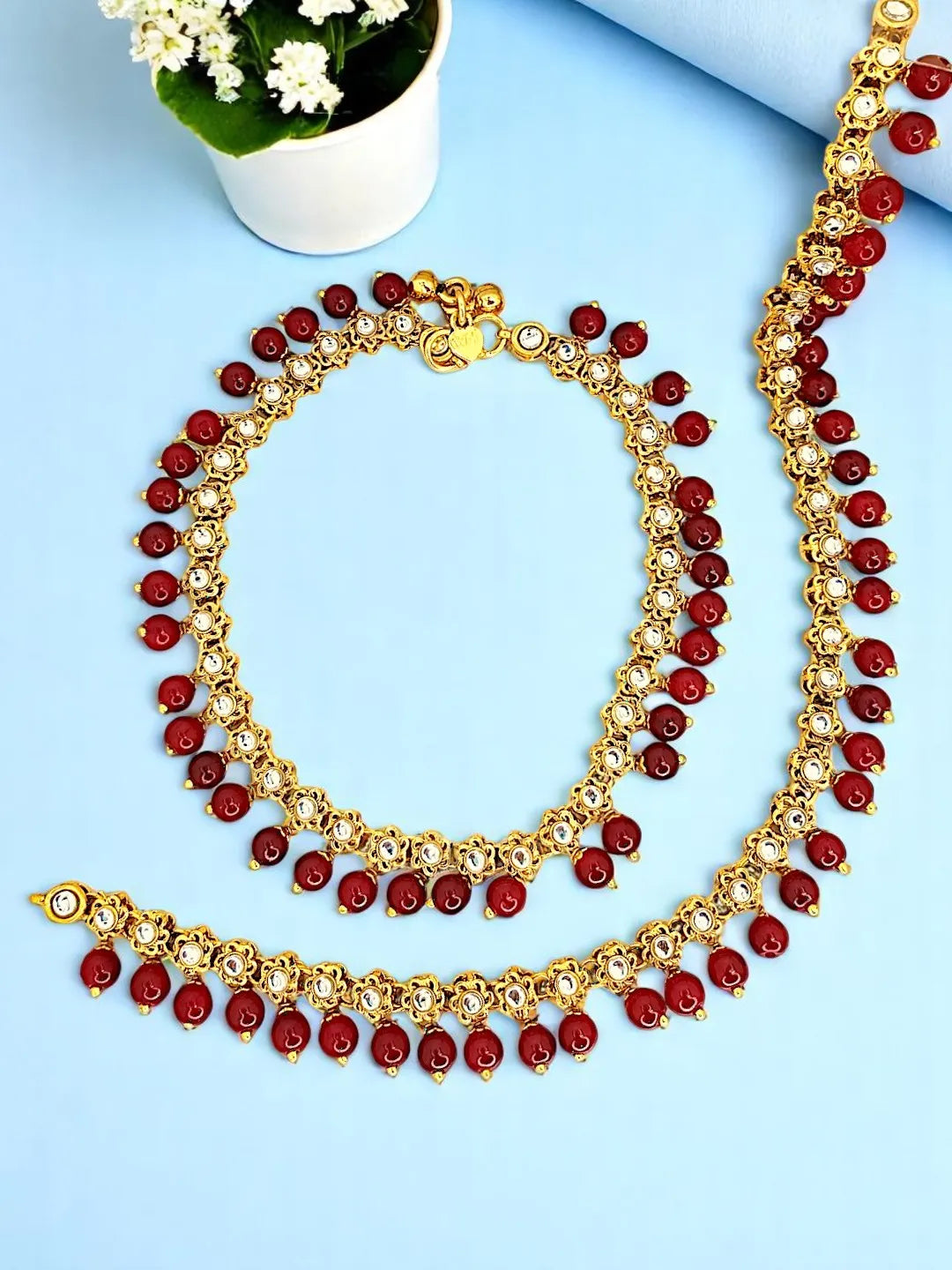 Set Of 2 Gold-Plated Kundan Beaded Anklets
