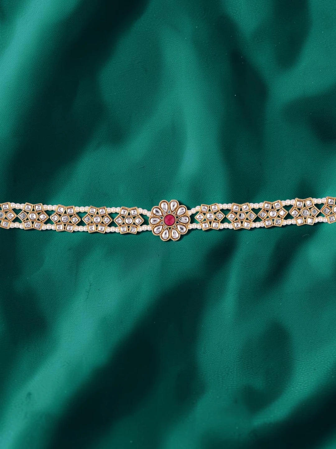 Gold Plated Ruby Floral Kundan Pearl Sheeshphool Mathapatti Maang Tikka