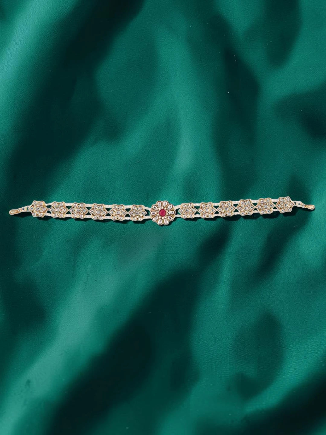 Gold Plated Ruby Floral Kundan Pearl Sheeshphool Mathapatti Maang Tikka
