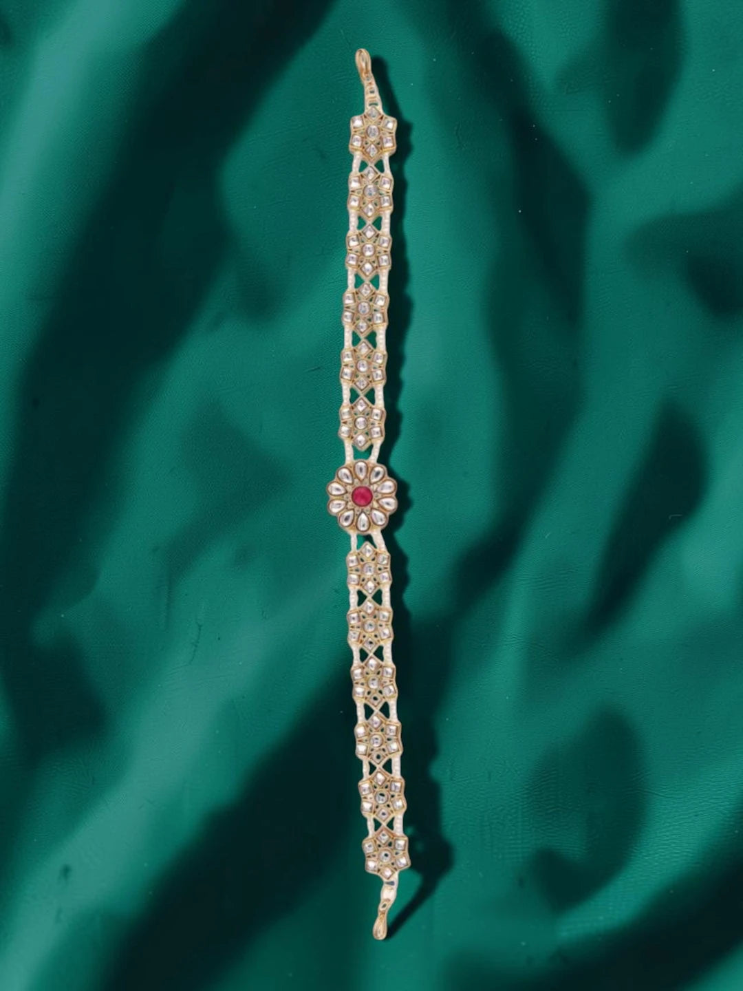 Gold Plated Ruby Floral Kundan Pearl Sheeshphool Mathapatti Maang Tikka