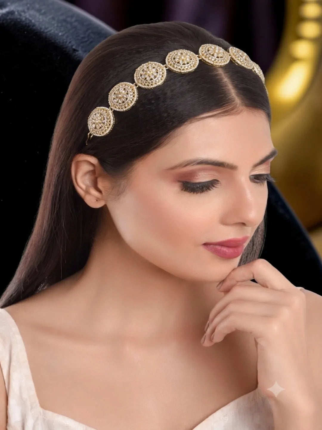 Gold Plated Circular Kundan Pearl Sheeshphool Mathapatti Free Size