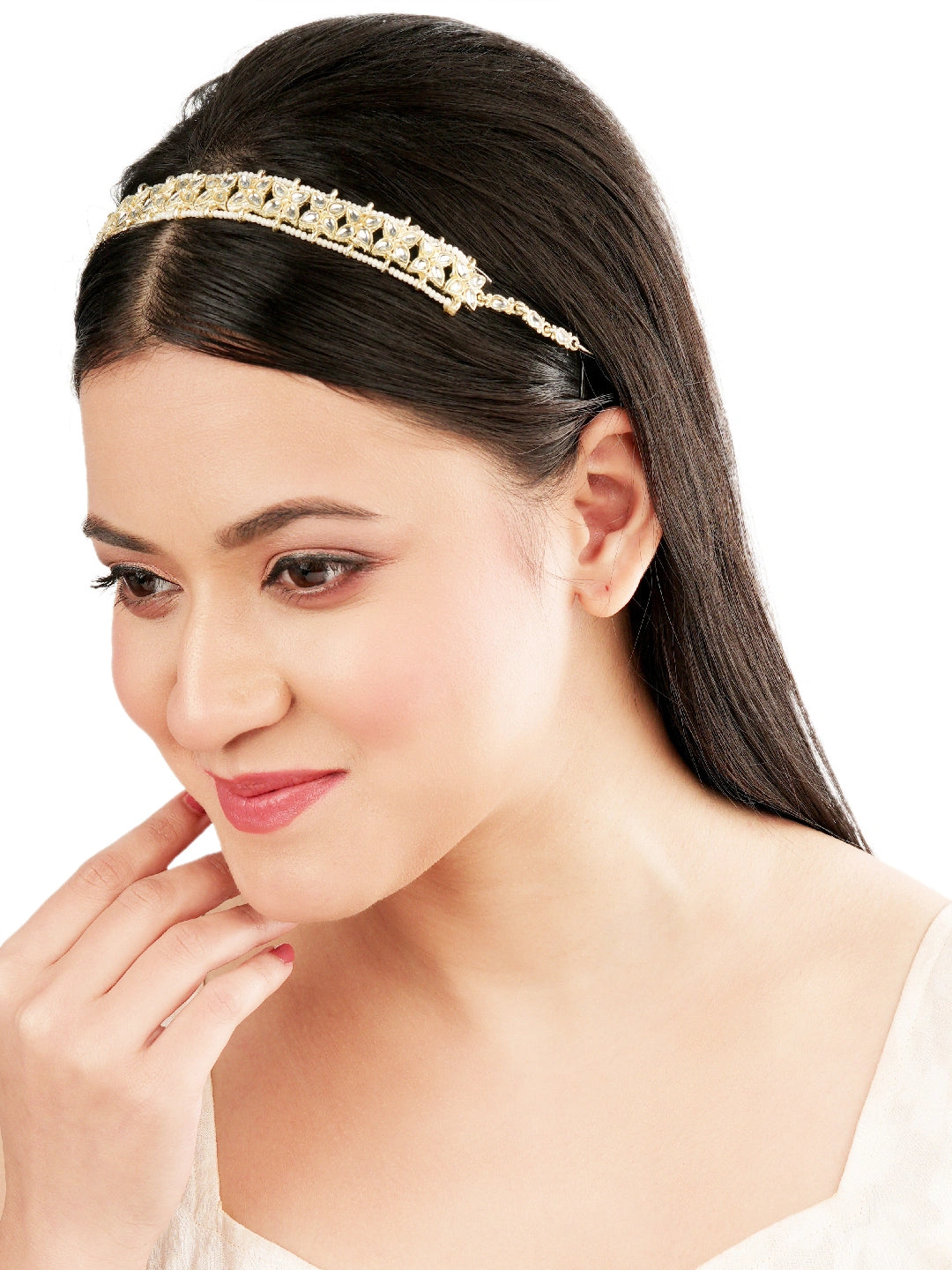 Gold plated Kundan Pearl Floral Mathapatti Sheeshphool