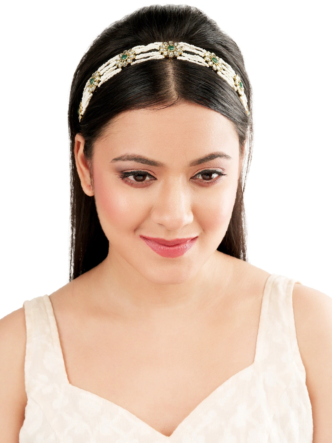 Multistrand Kundan Pearl Green Stone Mathapatti Sheeshphool