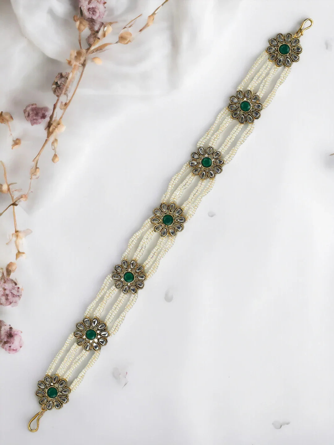 Multistrand Kundan Pearl Green Stone Mathapatti Sheeshphool