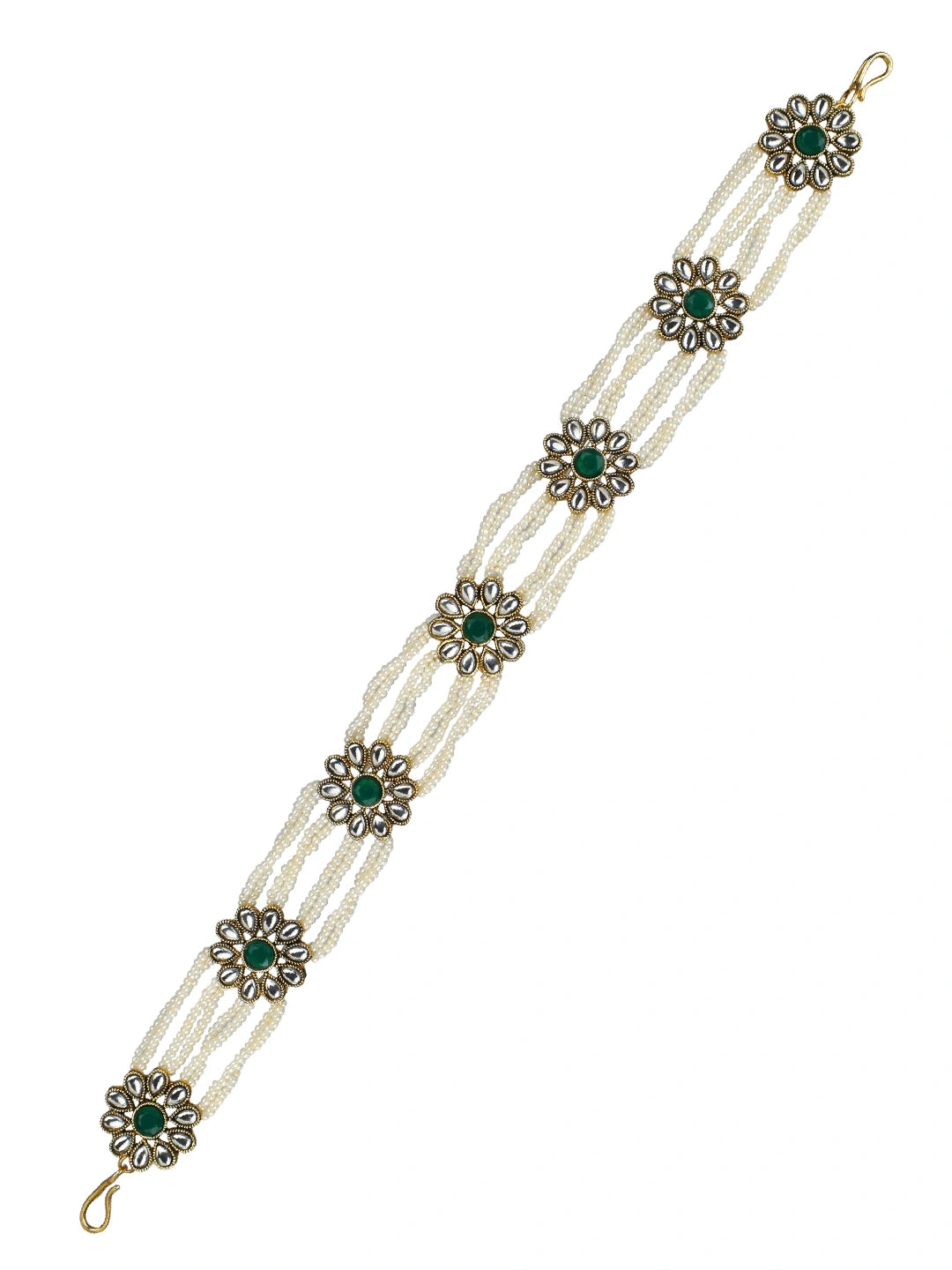 Multistrand Kundan Pearl Green Stone Mathapatti Sheeshphool