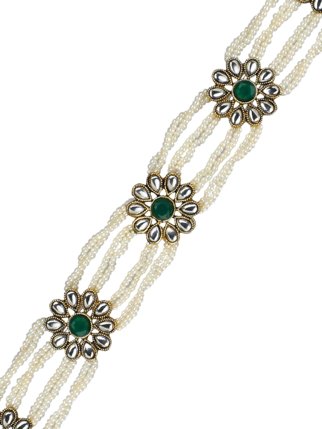 Multistrand Kundan Pearl Green Stone Mathapatti Sheeshphool