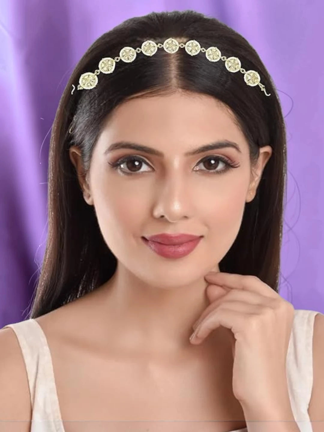 Gold Plated Stone Studded Circle Shape Matha Patti For Women and Girls