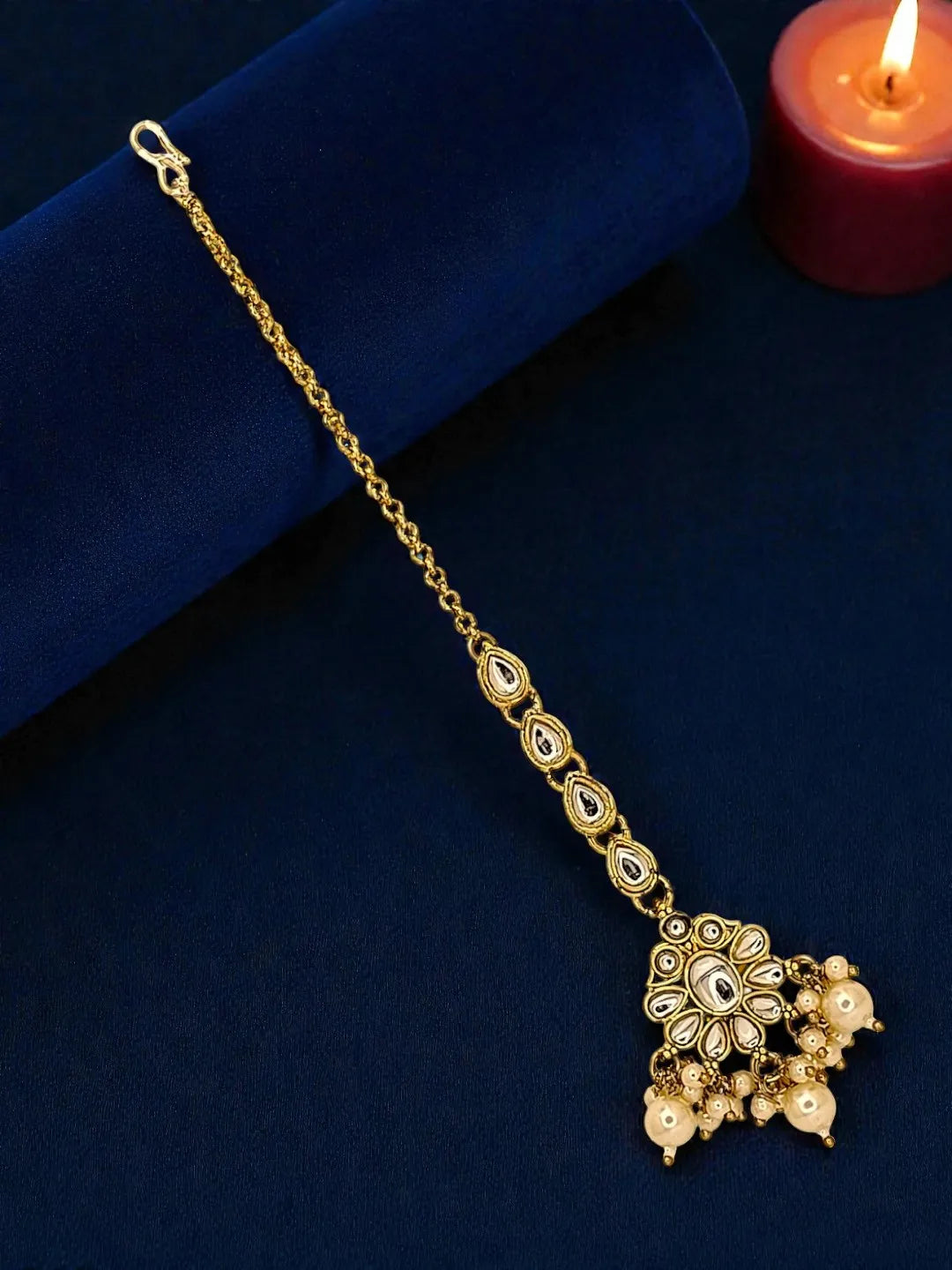 Gold-Plated Artificial Stones and Kundan Studded Maang Tikka Head Jewellery