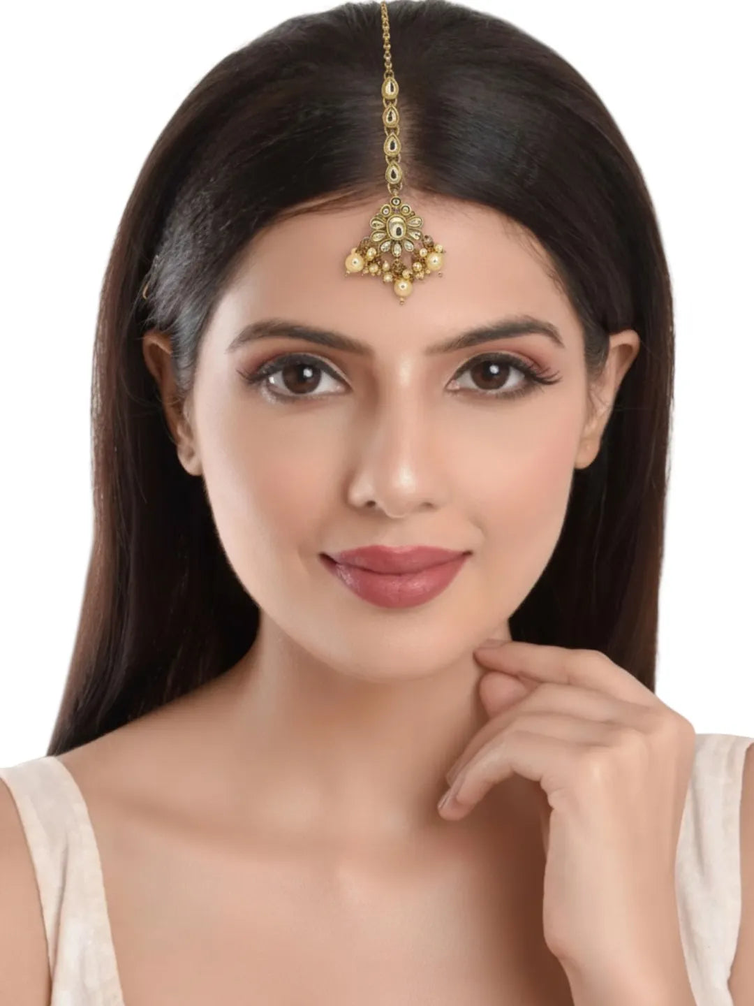 Gold-Plated Artificial Stones and Kundan Studded Maang Tikka Head Jewellery