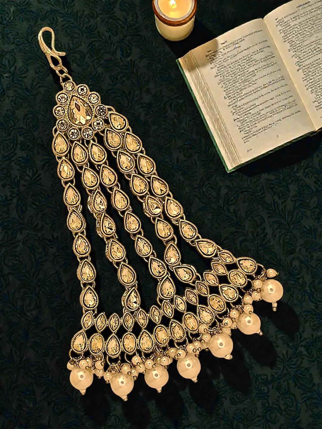 Gold-Plated Artificial Stones and Beads Studded Jhumar Passa Head Jewellery