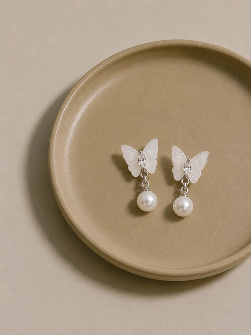 Elegant Translucent Butterfly & Pearl Drop Earrings