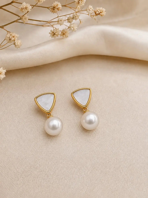 Geometric Gold-Tone Pearl Drop Earrings