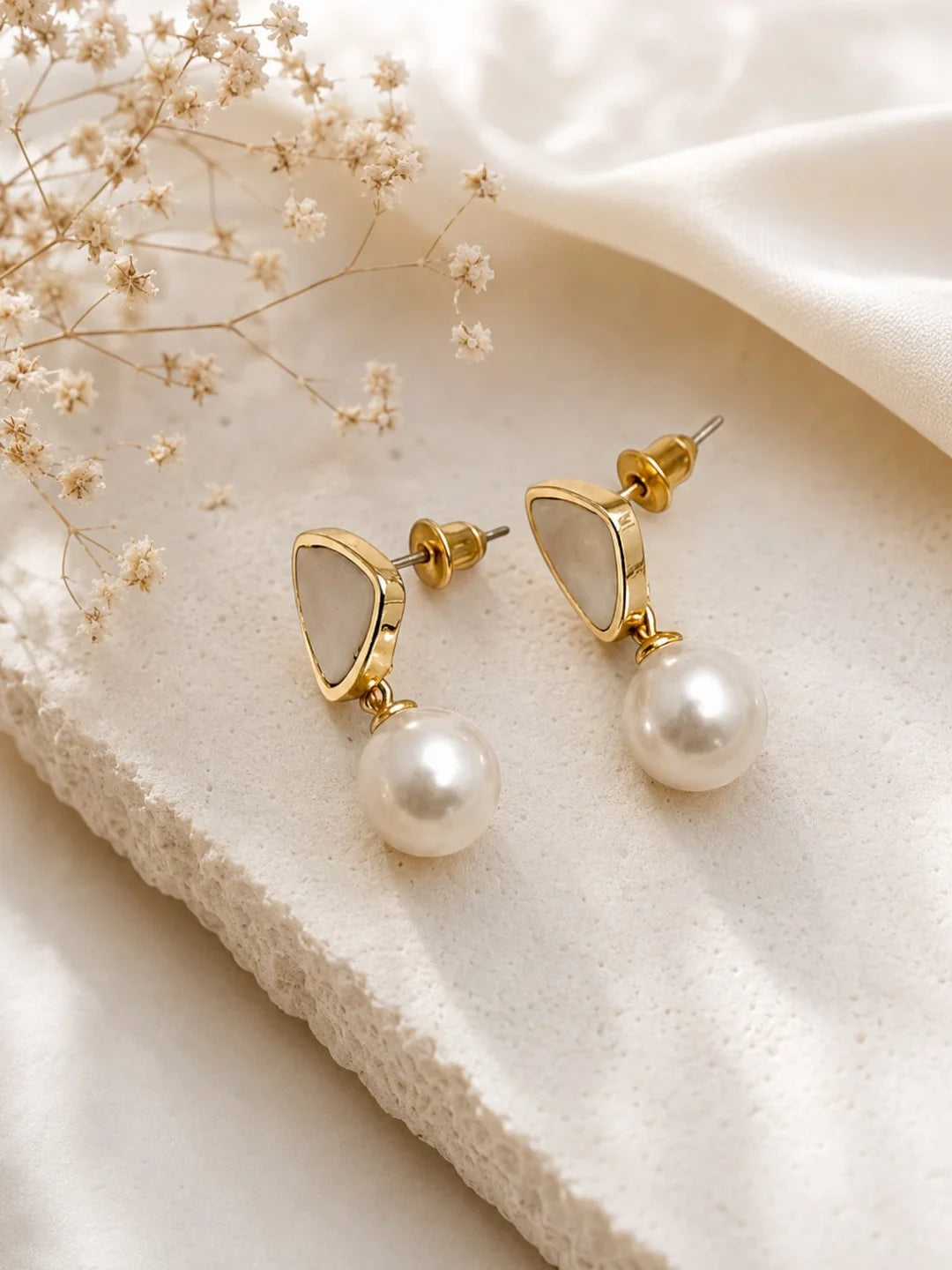 Geometric Gold-Tone Pearl Drop Earrings