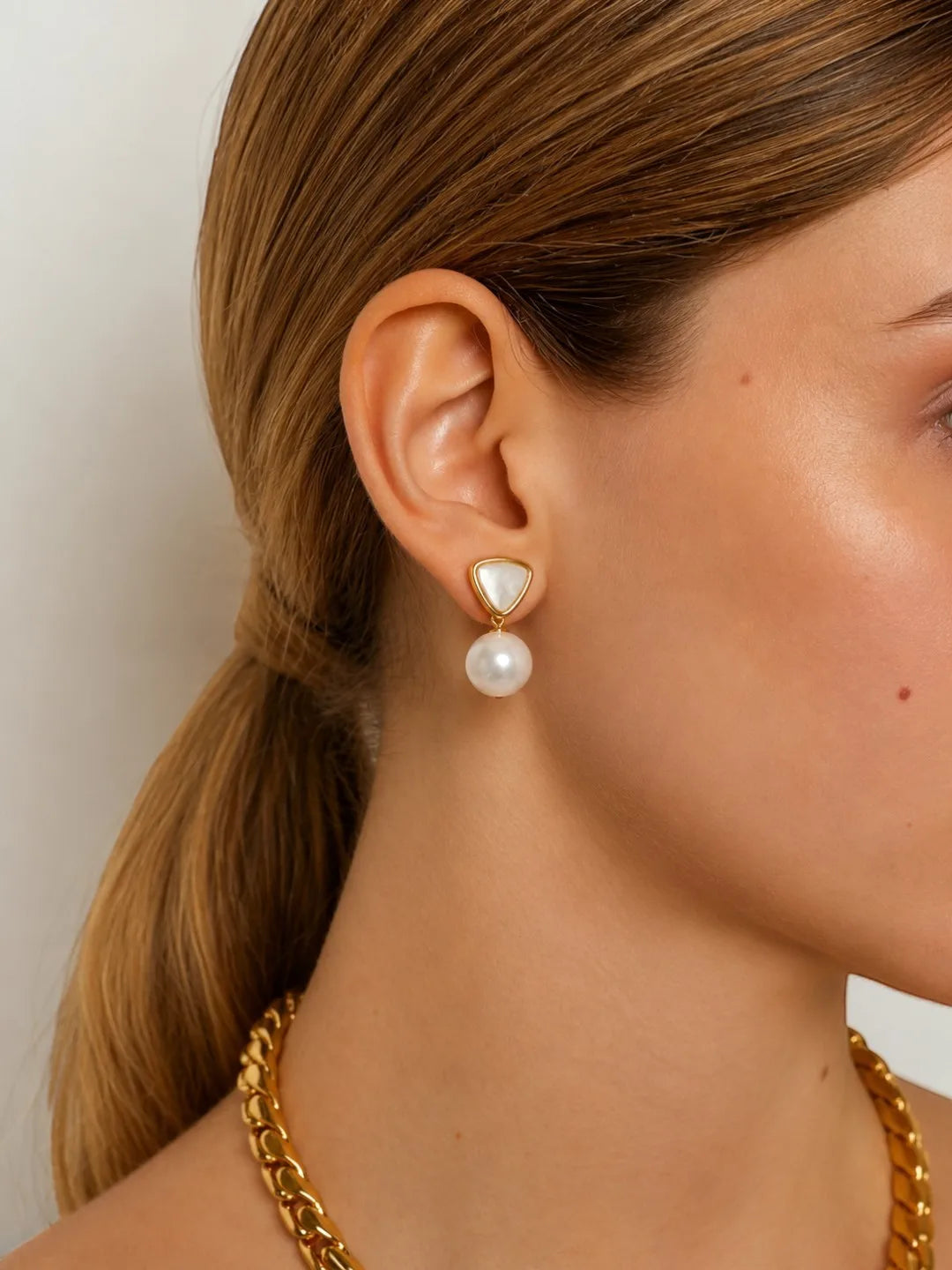 Geometric Gold-Tone Pearl Drop Earrings