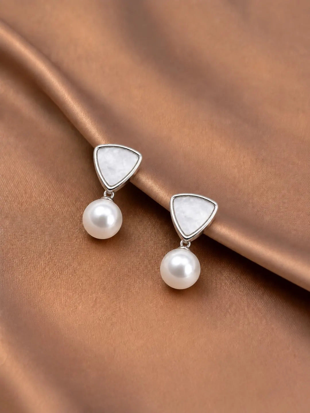 Geometric Silver-Tone Pearl Drop Earrings