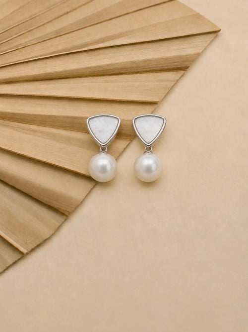 Geometric Silver-Tone Pearl Drop Earrings