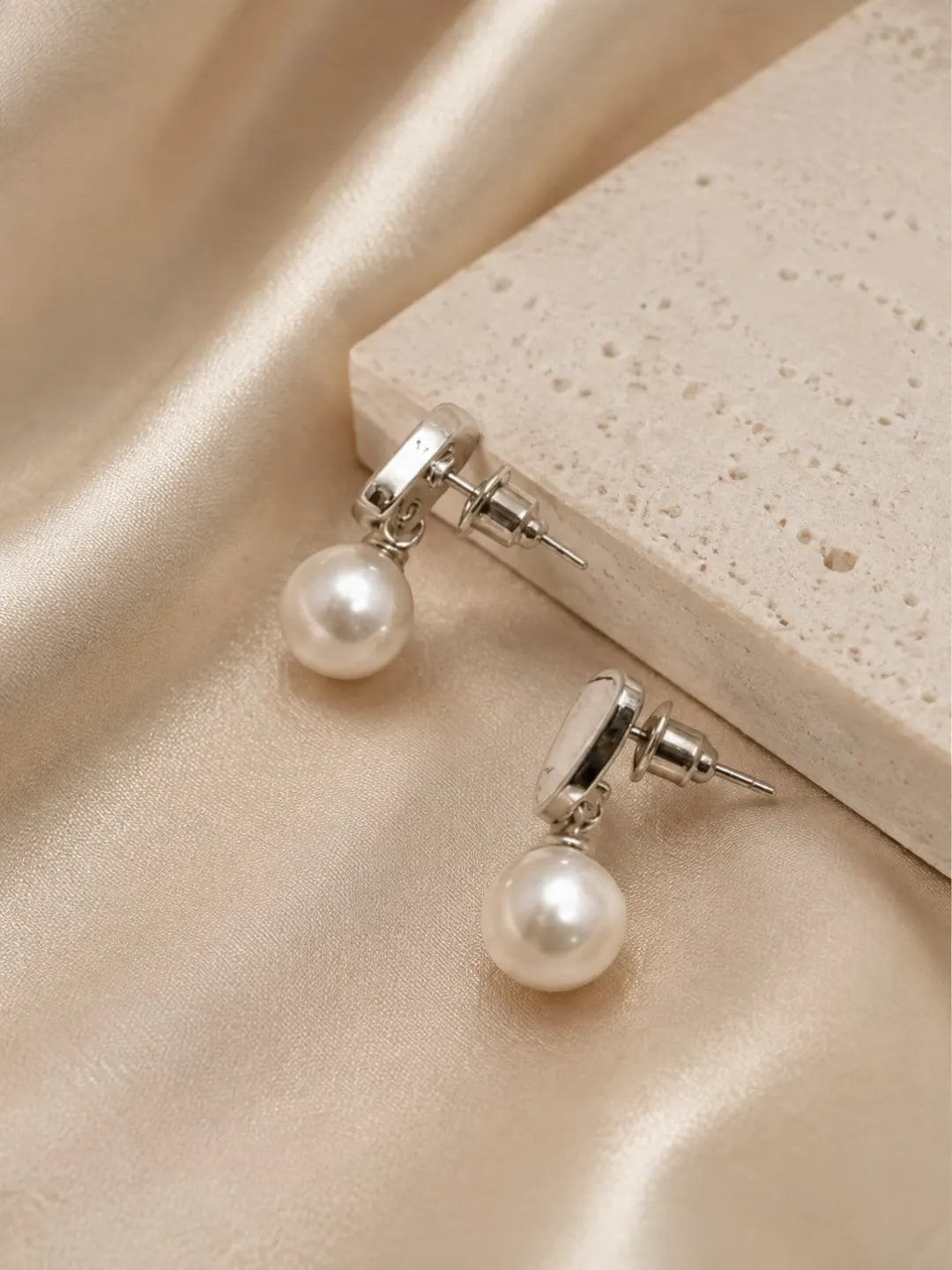 Geometric Silver-Tone Pearl Drop Earrings