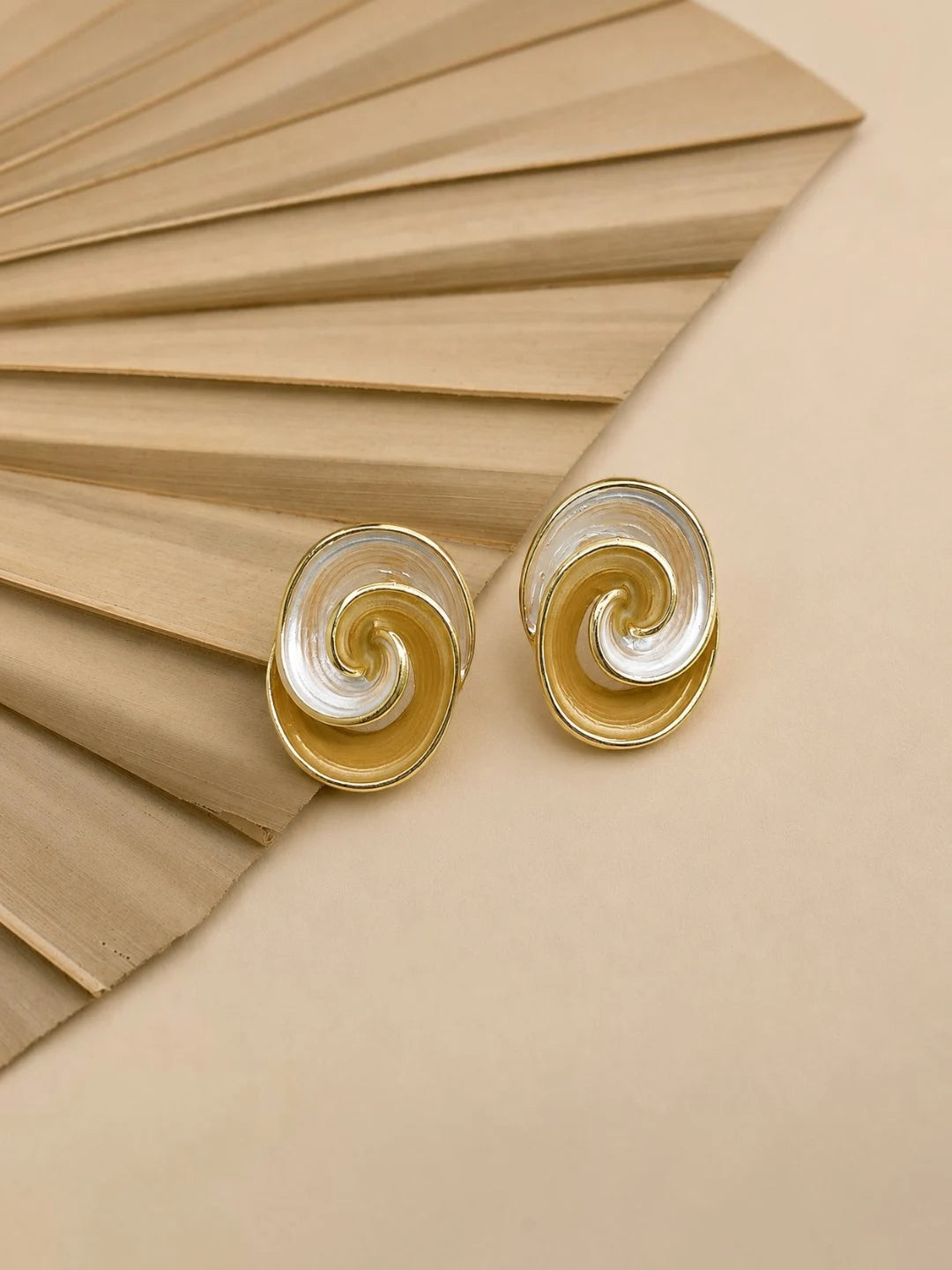 Anti-Tarnish Chic Gold & White Spiral Design Statement Stud Earrings