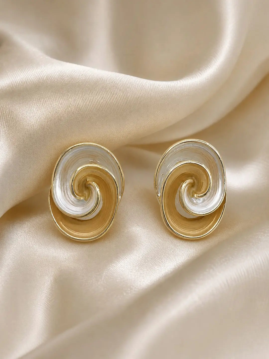 Anti-Tarnish Chic Gold & White Spiral Design Statement Stud Earrings