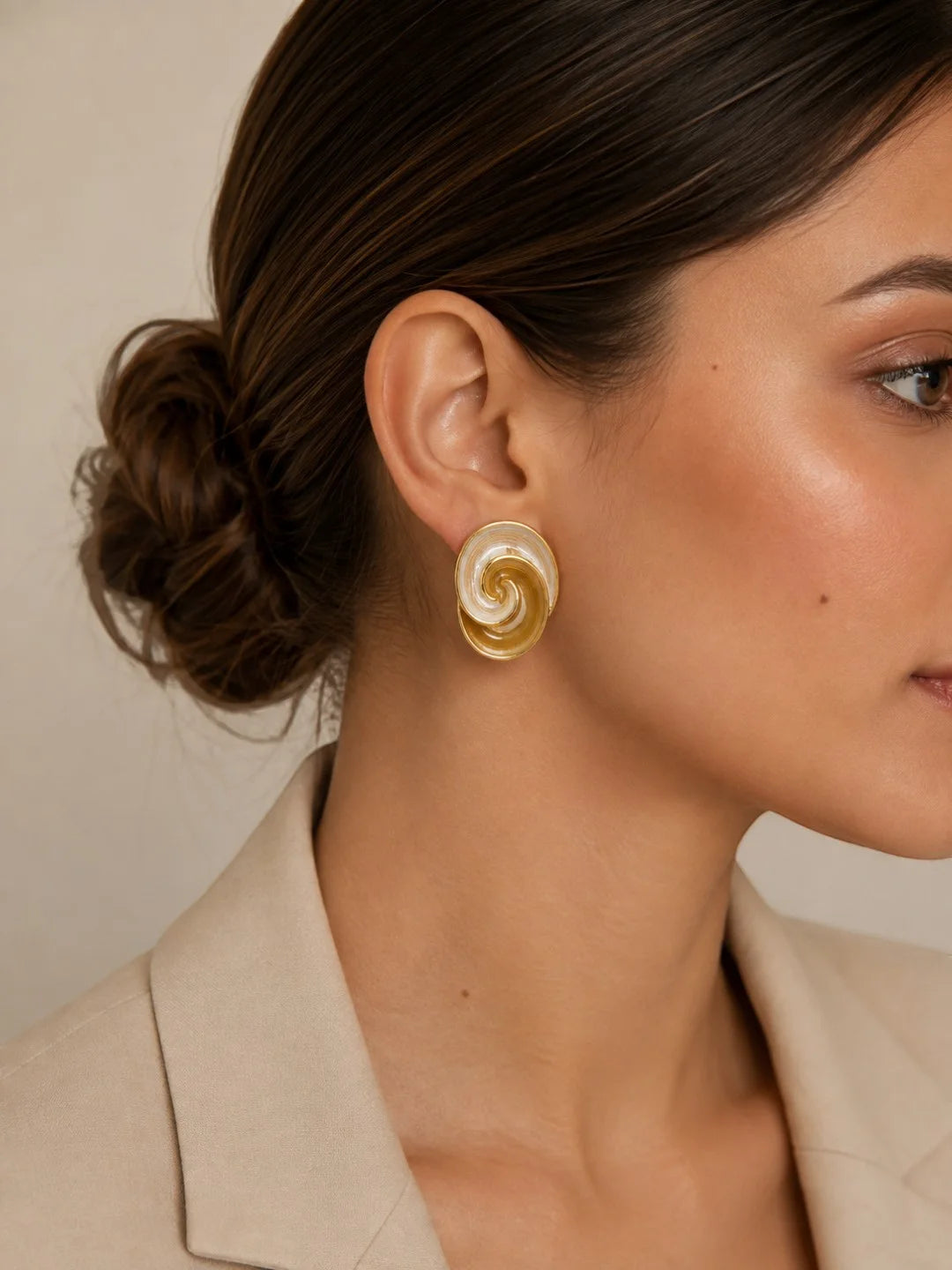 Anti-Tarnish Chic Gold & White Spiral Design Statement Stud Earrings
