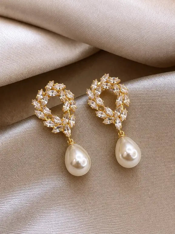 Anti-Tarnish Korean CZ Leaf Wreath & Pearl Drop Statement Earrings