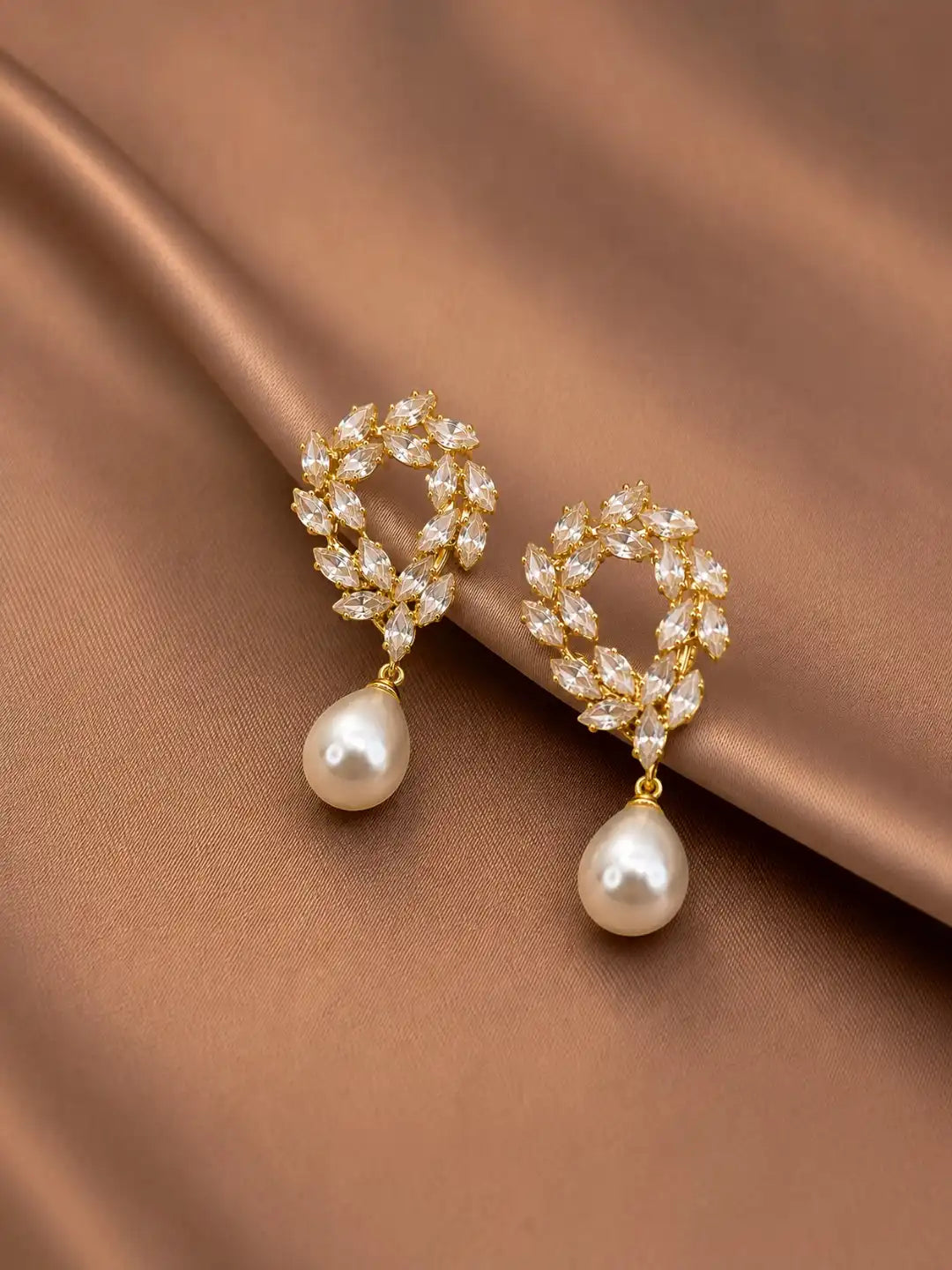 Anti-Tarnish Korean CZ Leaf Wreath & Pearl Drop Statement Earrings