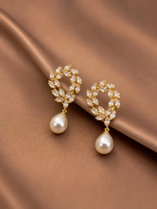 Anti-Tarnish Korean CZ Leaf Wreath & Pearl Drop Statement Earrings