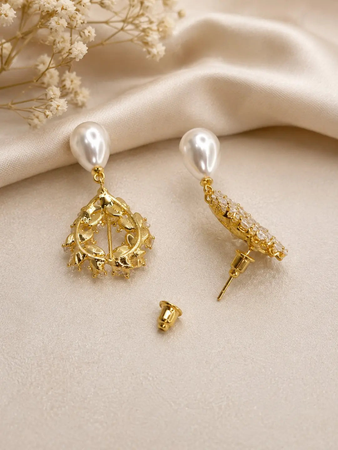 Anti-Tarnish Korean CZ Leaf Wreath & Pearl Drop Statement Earrings