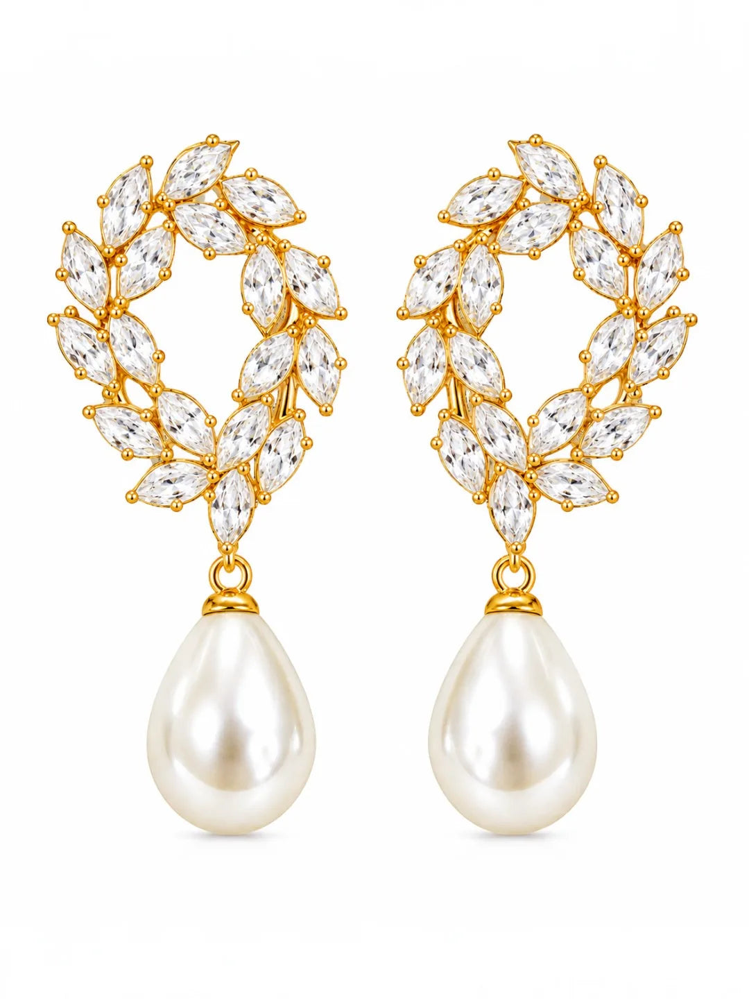 Anti-Tarnish Korean CZ Leaf Wreath & Pearl Drop Statement Earrings