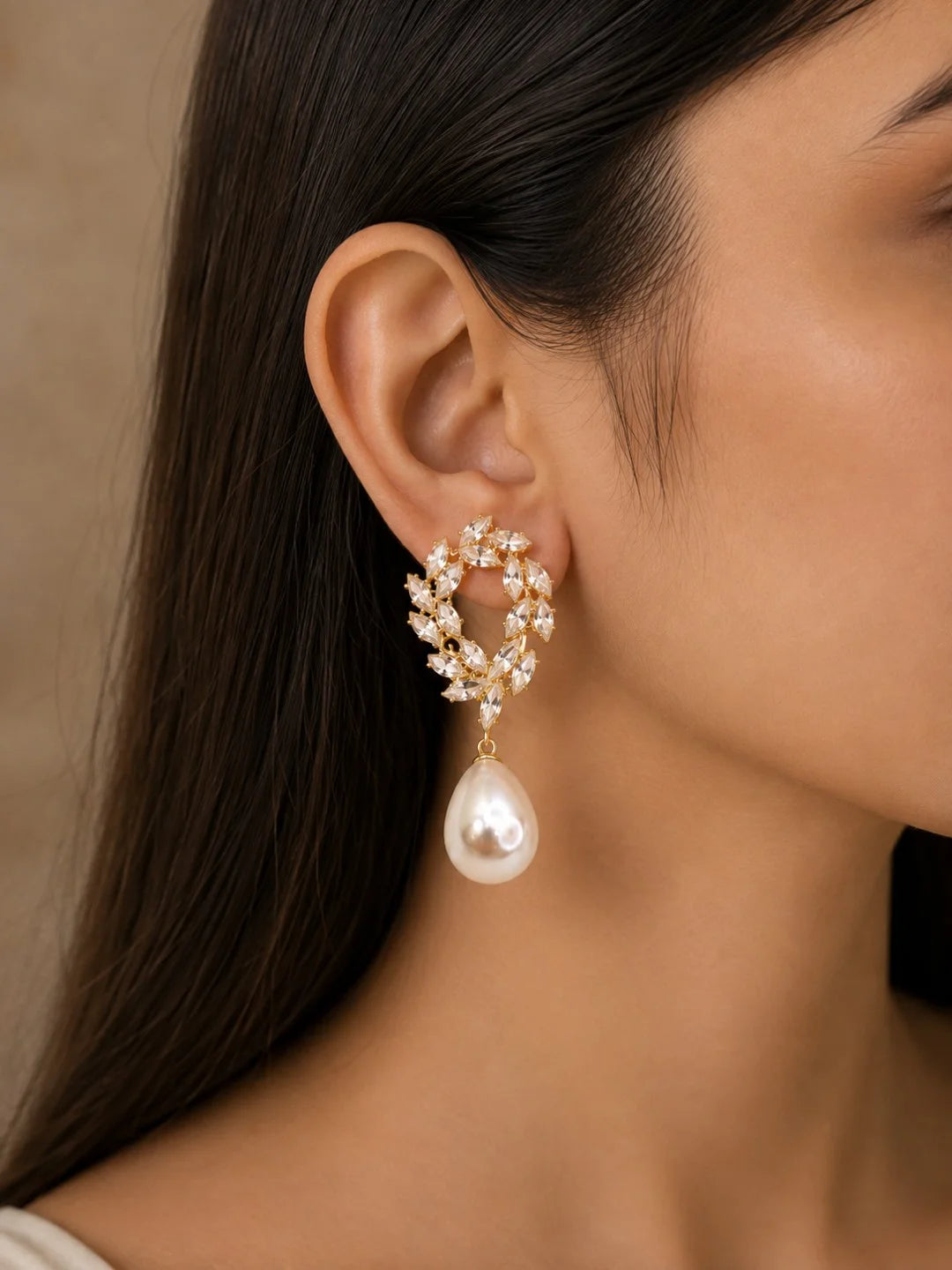 Anti-Tarnish Korean CZ Leaf Wreath & Pearl Drop Statement Earrings