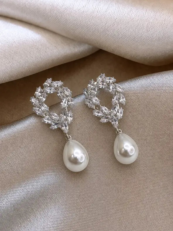 Silver Toned Korean CZ Leaf Wreath & Pearl Drop Statement Earrings