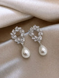 Silver Toned Korean CZ Leaf Wreath & Pearl Drop Statement Earrings