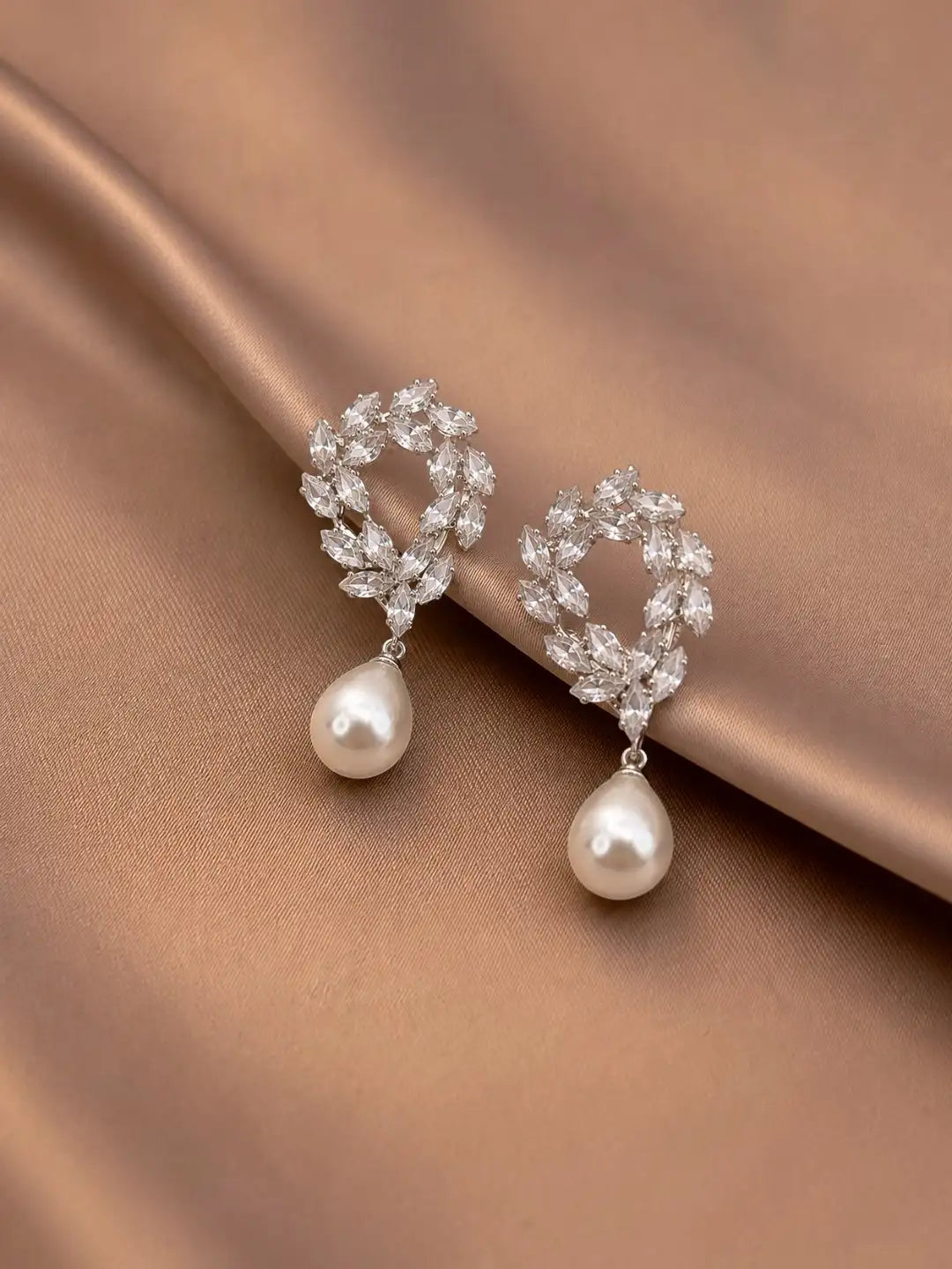 Silver Toned Korean CZ Leaf Wreath & Pearl Drop Statement Earrings