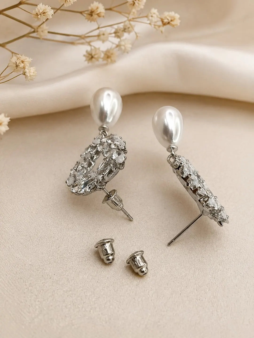 Silver Toned Korean CZ Leaf Wreath & Pearl Drop Statement Earrings