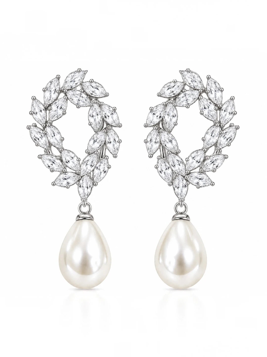 Silver Toned Korean CZ Leaf Wreath & Pearl Drop Statement Earrings