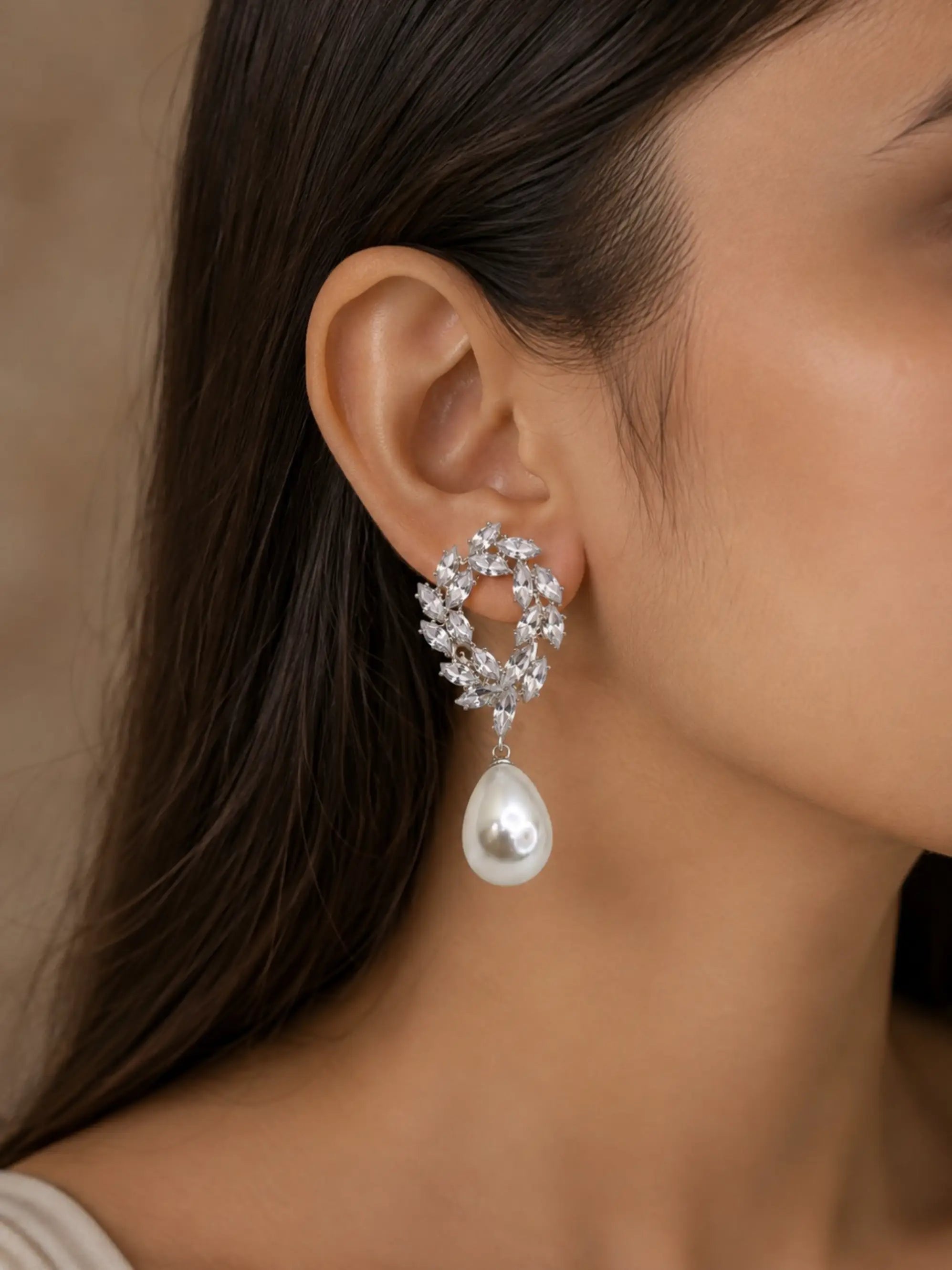 Silver Toned Korean CZ Leaf Wreath & Pearl Drop Statement Earrings