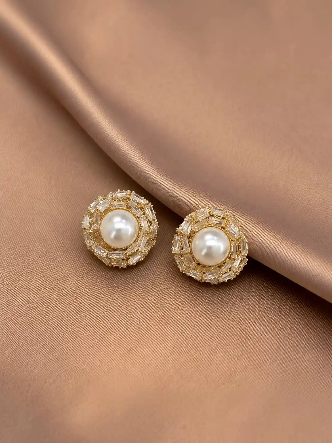 Anti-Tarnish Circular CZ & Pearl Halo Statement Stud Earrings