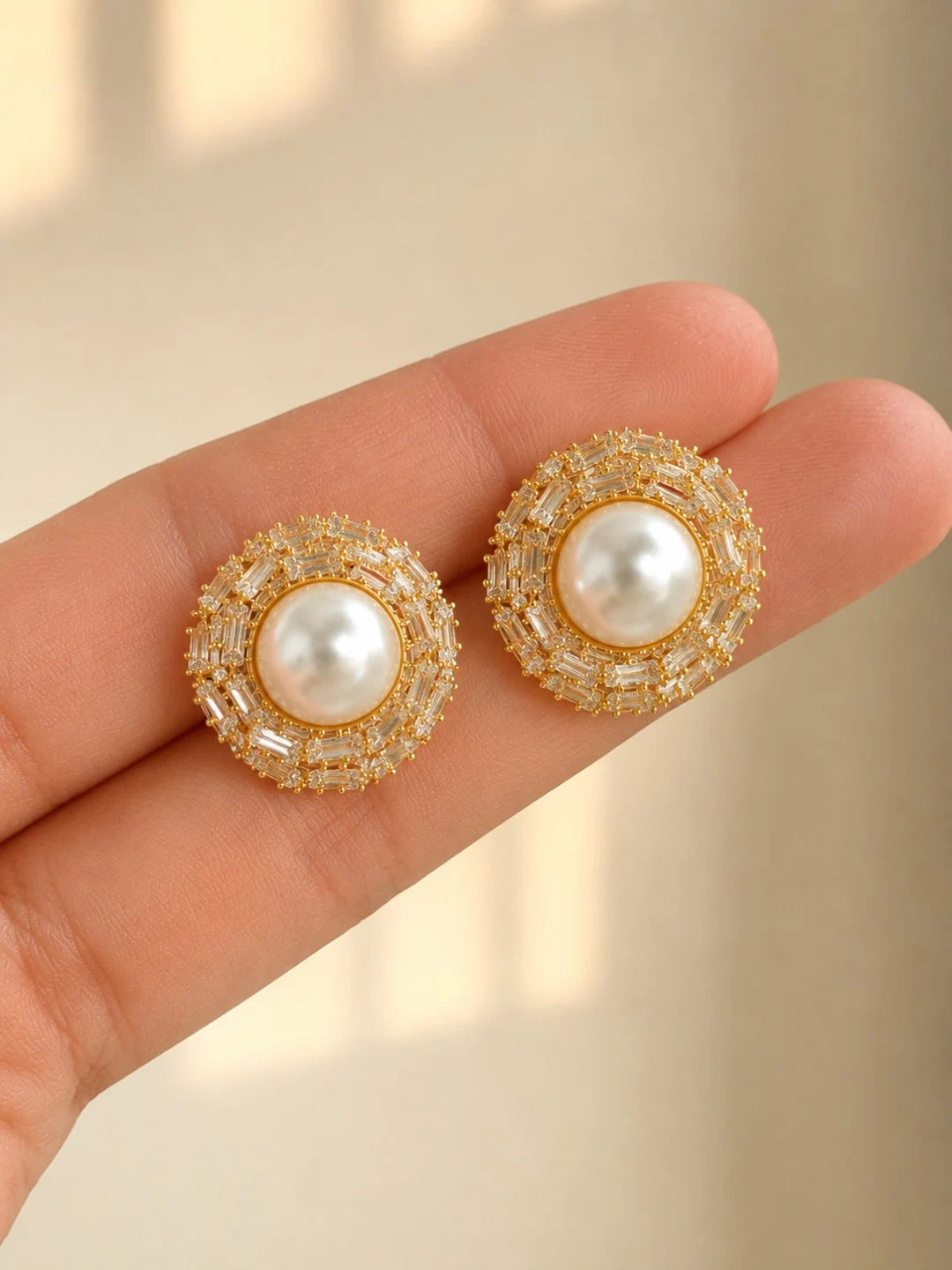 Anti-Tarnish Circular CZ & Pearl Halo Statement Stud Earrings