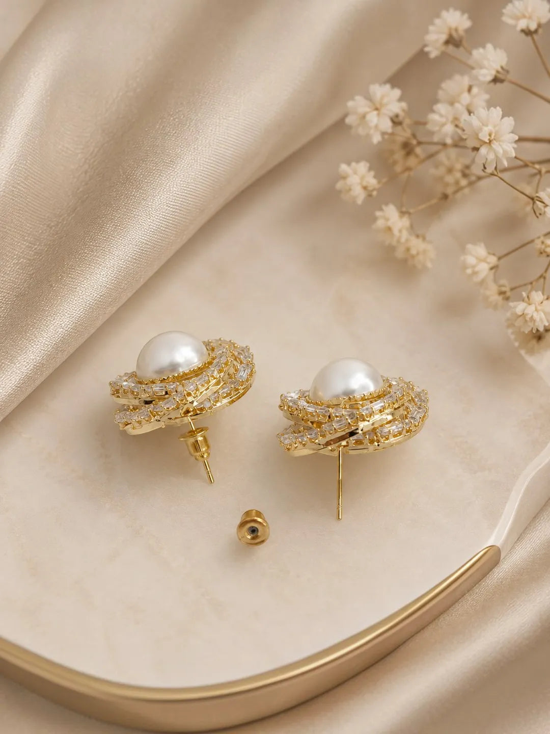 Anti-Tarnish Circular CZ & Pearl Halo Statement Stud Earrings