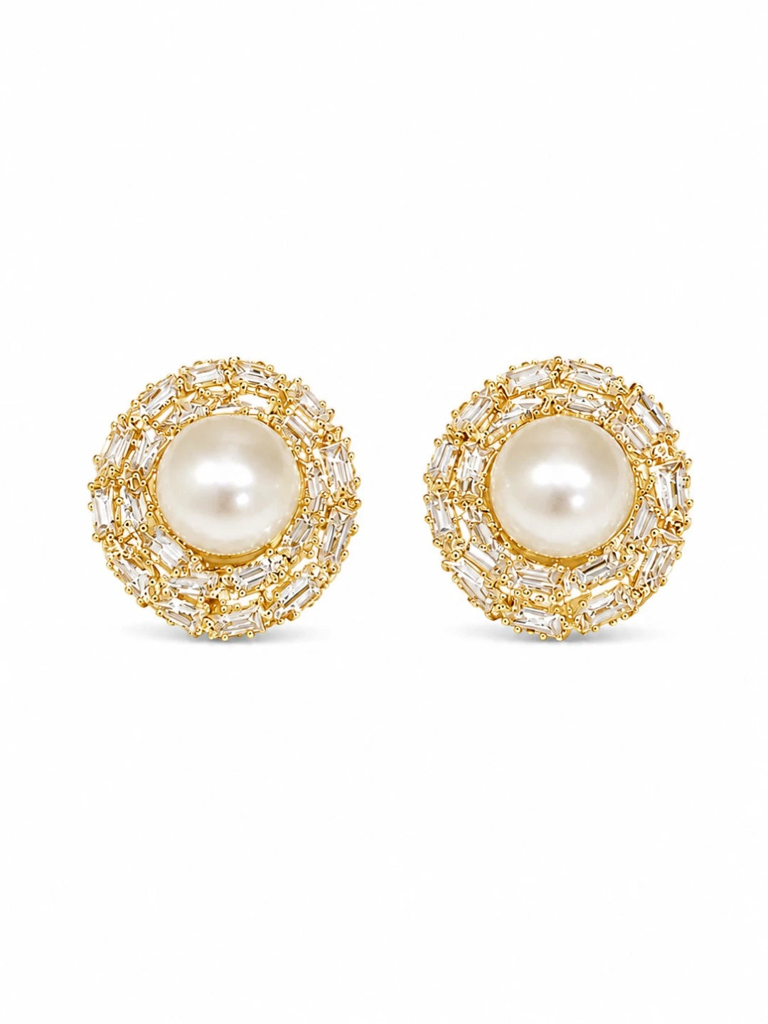 Anti-Tarnish Circular CZ & Pearl Halo Statement Stud Earrings