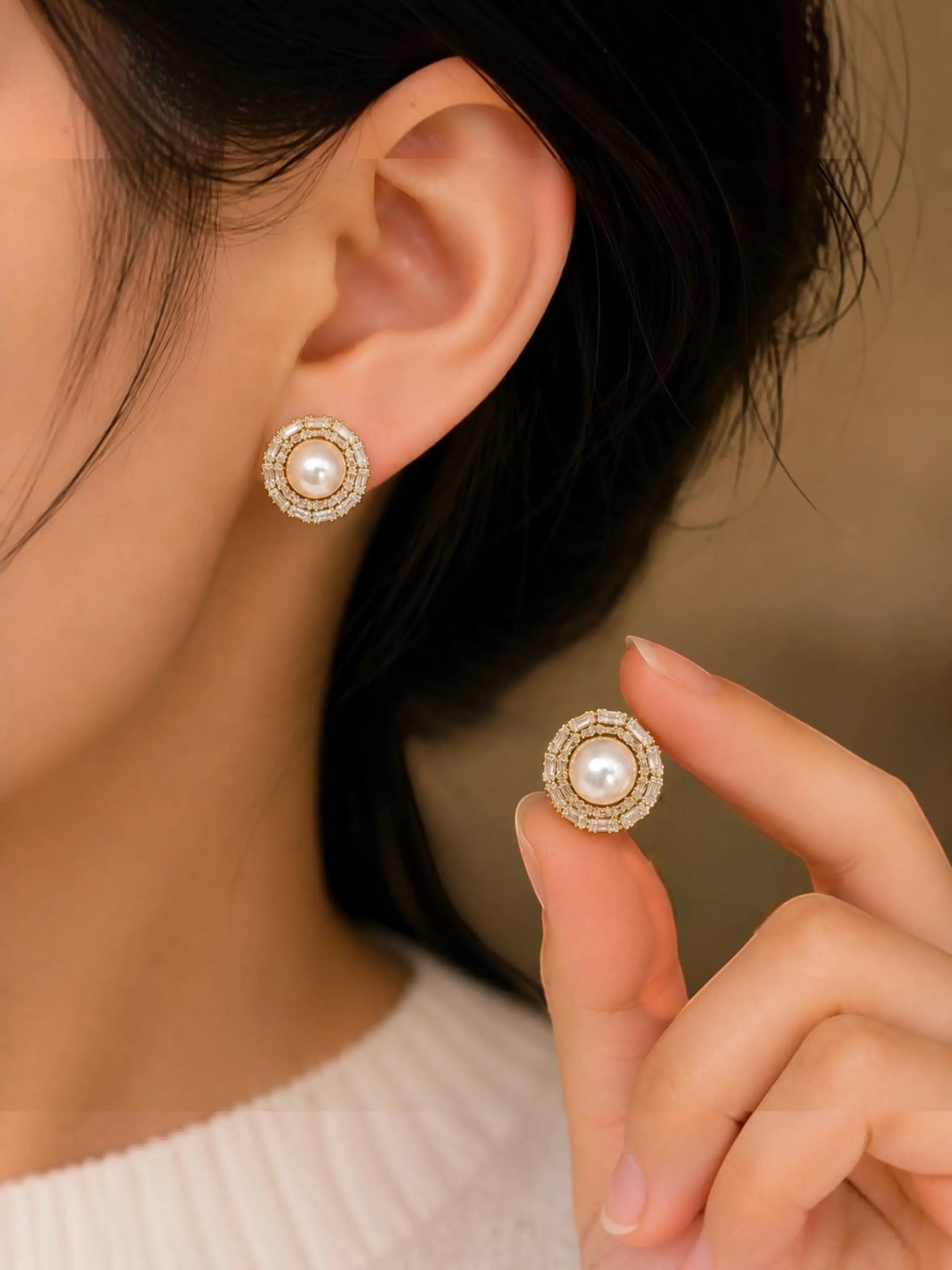 Anti-Tarnish Circular CZ & Pearl Halo Statement Stud Earrings