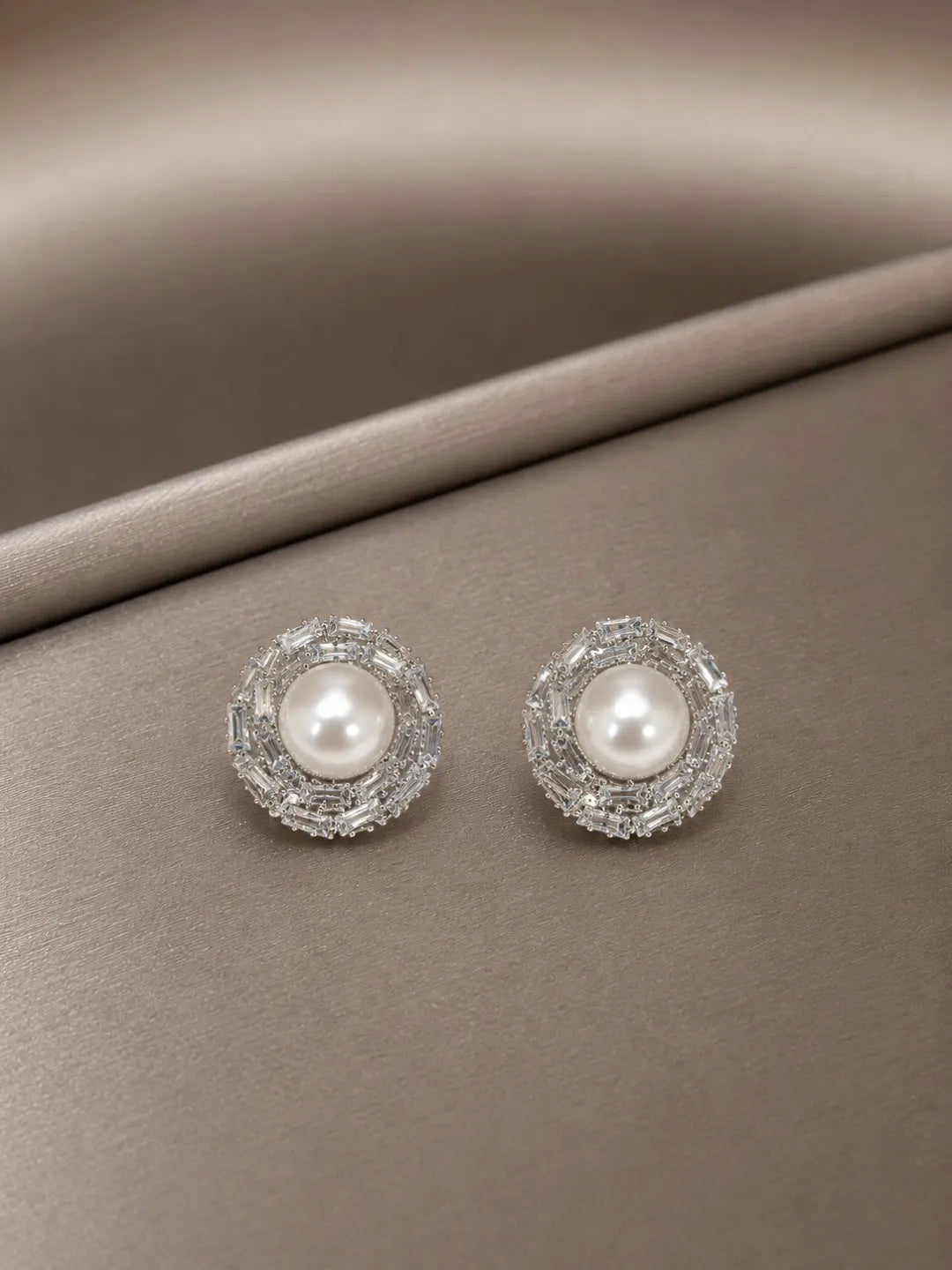 Silver Tone Circular CZ & Pearl Halo Statement Stud Earrings