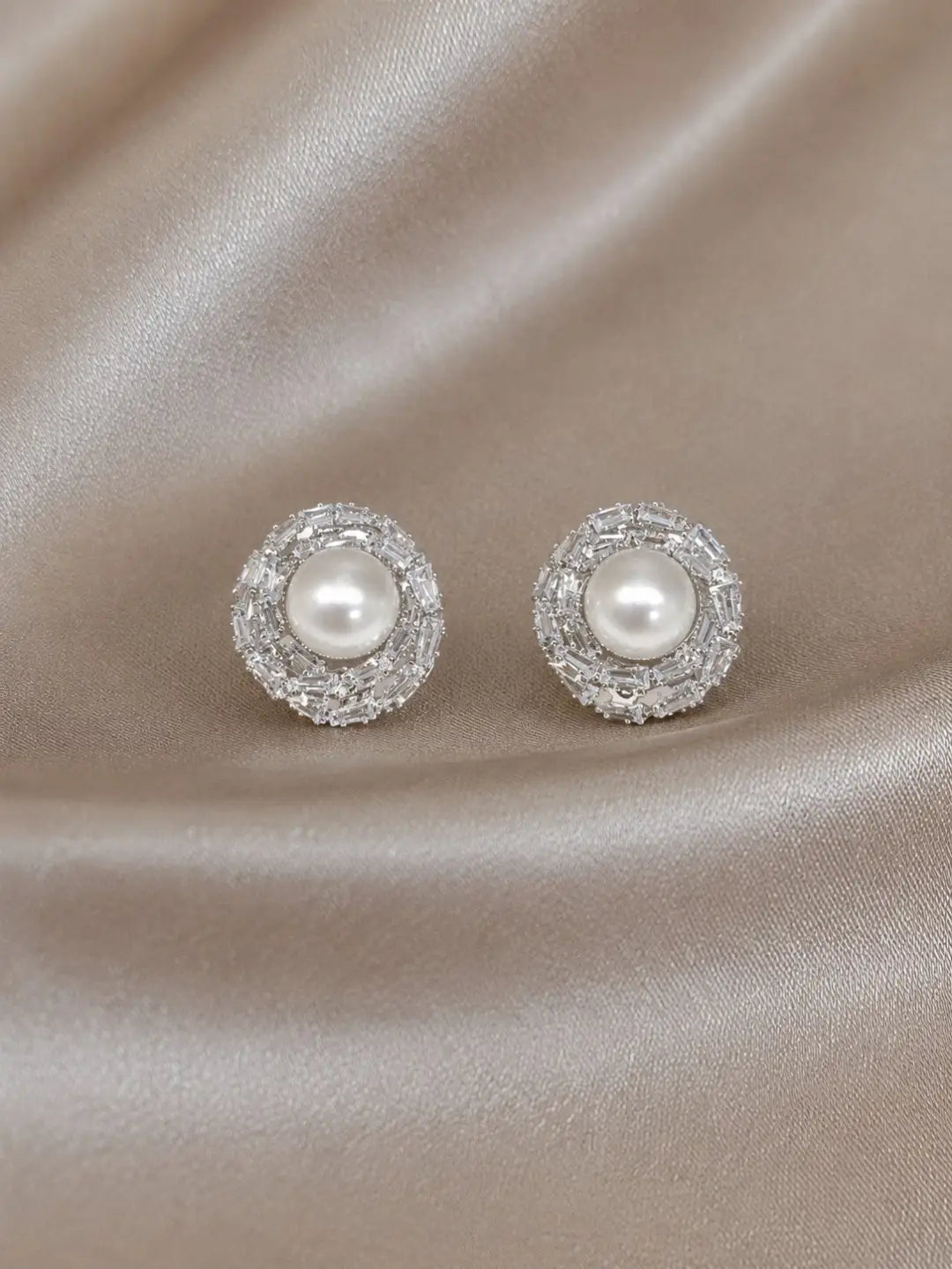 Silver Tone Circular CZ & Pearl Halo Statement Stud Earrings