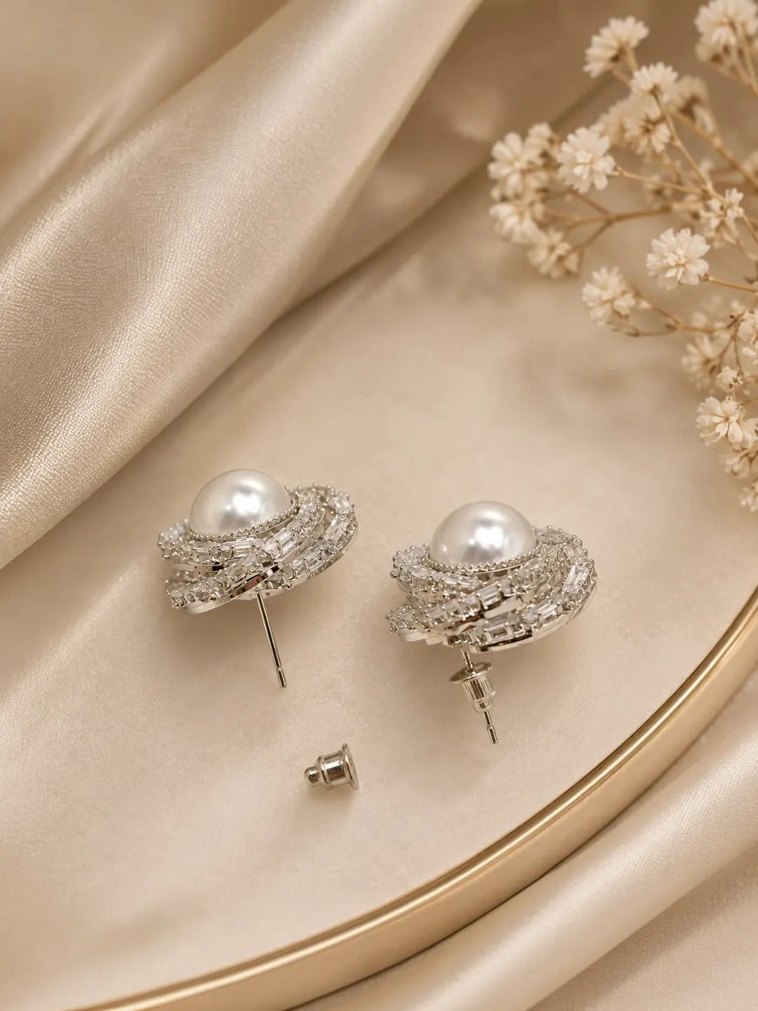 Silver Tone Circular CZ & Pearl Halo Statement Stud Earrings